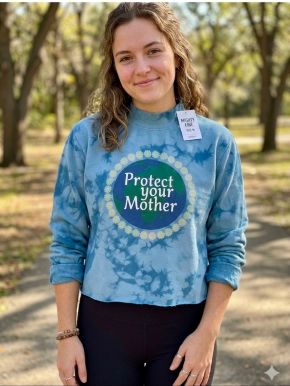 Mighty Fine "Protect Your Mother" Blue Tie Dye Cropped Sweatshirt Size M